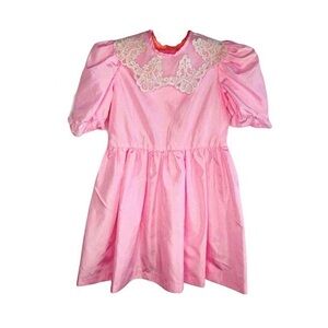 Vintage 80s Girls Party Dress Pink Taffeta White Lace Collar Puff Sleeve 6X